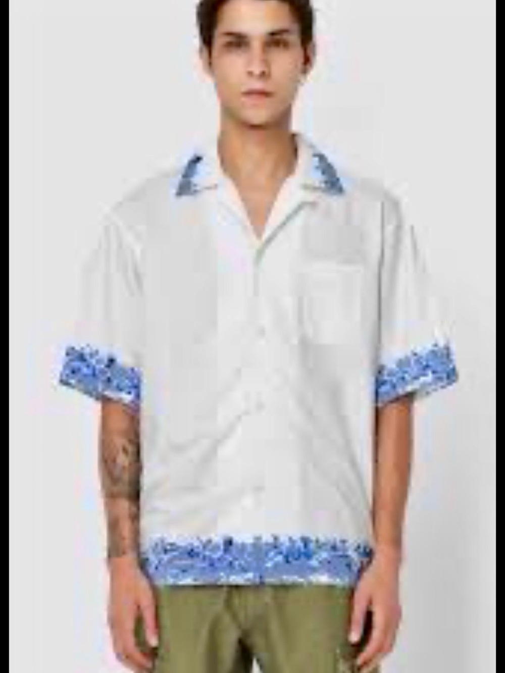 John Elliott Untucked Pale Blue Fine Dining Camp Shirt with Blue Floral Trim L